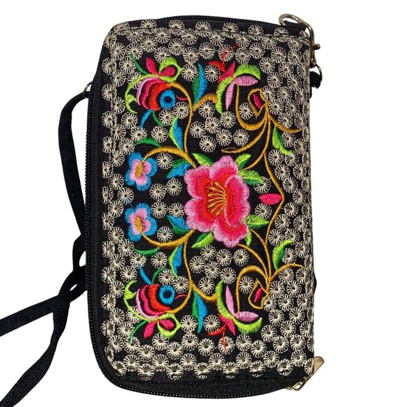 Embroidered Floral Crossbody Wallet With Strap boho festival hippie - Picture 2 of 8